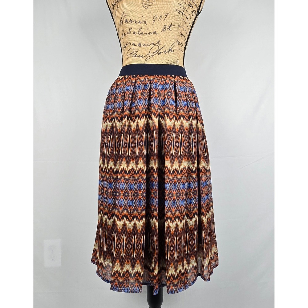 Ruby‎ Rd Feather Report Ikat Chevron Midi Skirt Navy Orange Camel Size 10 NWT